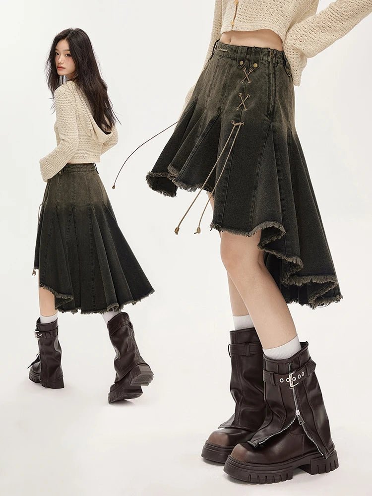 Dark Academia Aesthetic Denim Skirt - Vintage-Inspired Grunge Style for Trendy Looks