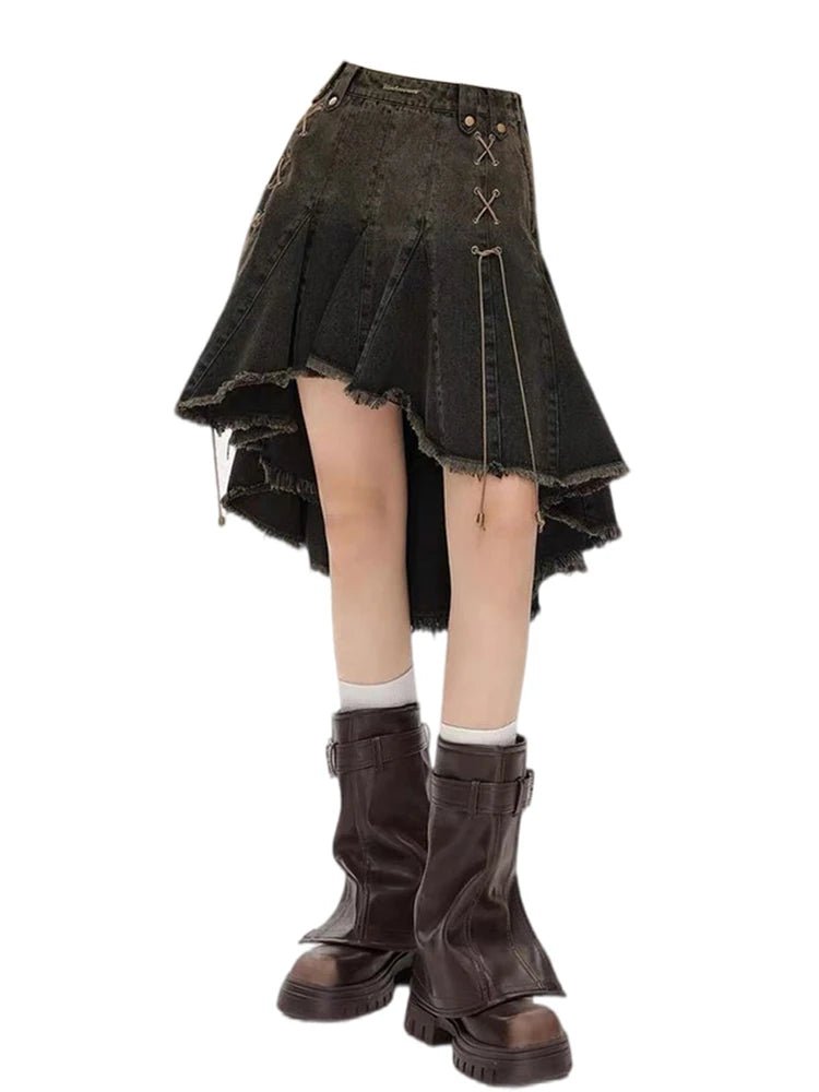 Dark Academia Aesthetic Denim Skirt - Vintage-Inspired Grunge Style for Trendy Looks