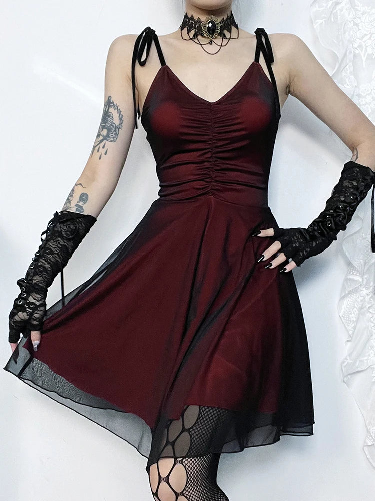 Dark Red Y2K Gothic Dress - Vintage Aesthetic with Grunge Style and Coquette Flair