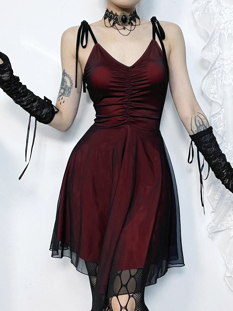 Dark Red Y2K Gothic Dress - Vintage Aesthetic with Grunge Style and Coquette Flair