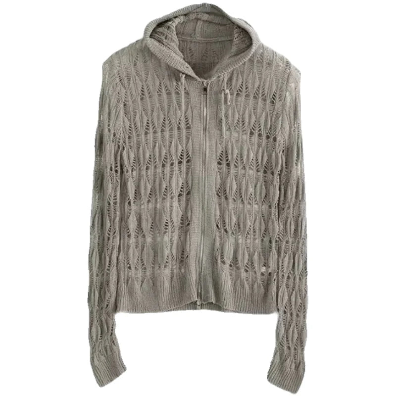 Distressed Gray Knit Hoodie - Y2K Aesthetic Comfy Layering Essential for Grunge Style