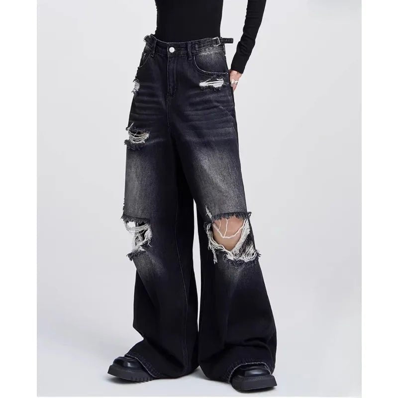 Distressed Wide-Leg Y2K Jeans for a Trendy Grunge Aesthetic Look