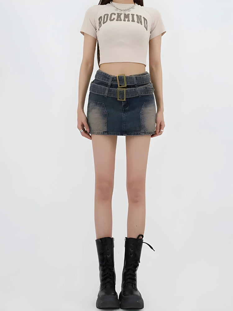 Double Belted Denim Mini Skort - Y2K Aesthetic Skirt for Cute Coquette Outfits