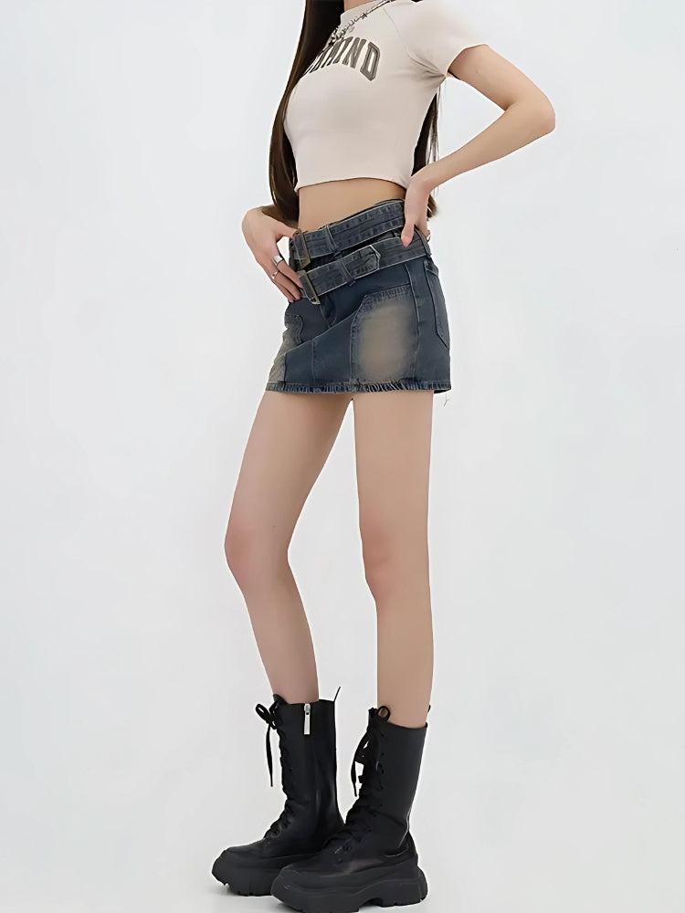 Double Belted Denim Mini Skort - Y2K Aesthetic Skirt for Cute Coquette Outfits