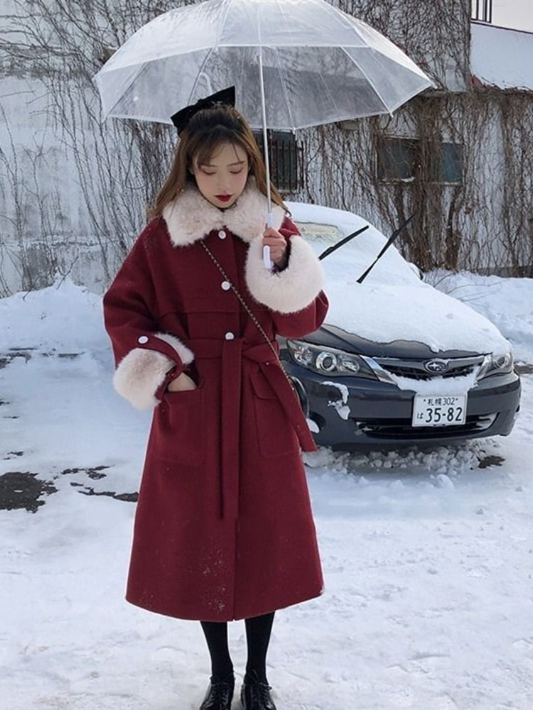 Elegant Cherry Red Faux Fur Trim Midi Coat - Y2K Fashion Meets Old Money Aesthetic