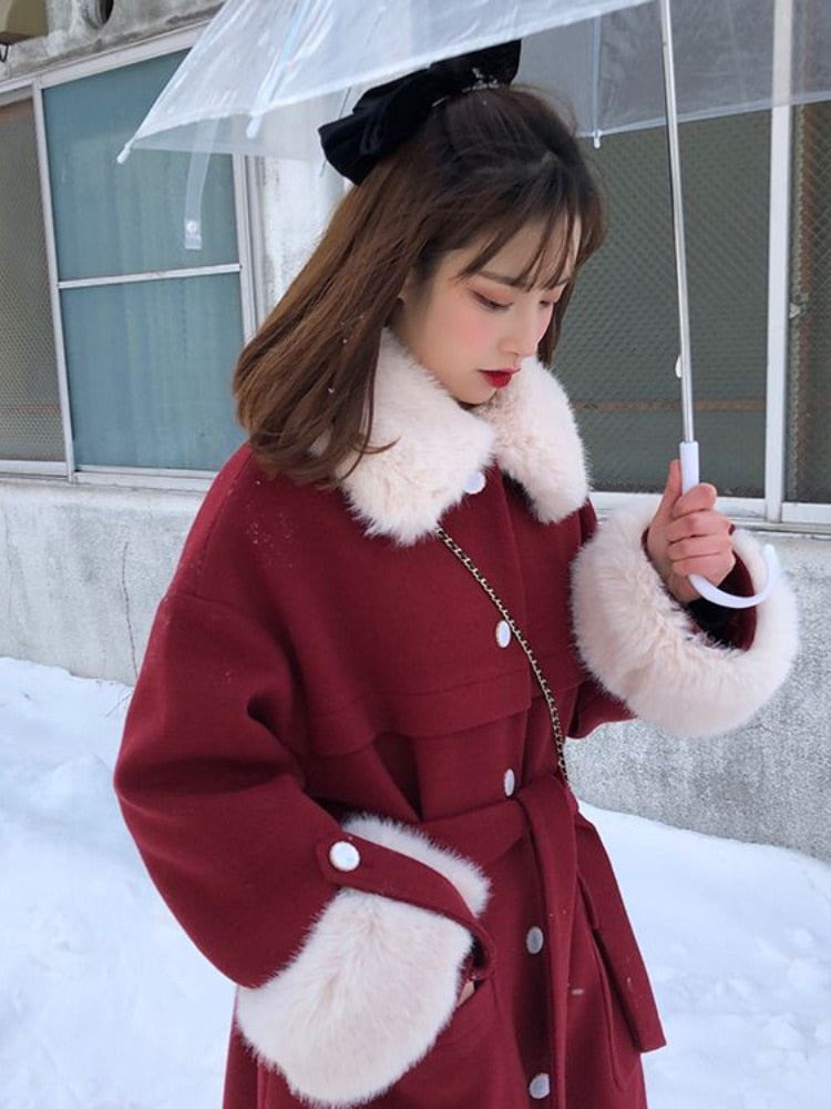 Elegant Cherry Red Faux Fur Trim Midi Coat - Y2K Fashion Meets Old Money Aesthetic