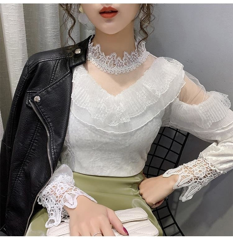 Elegant High Neck Lace Mesh Blouse - Y2K Fashion Top for Chic Aesthetic Outfits