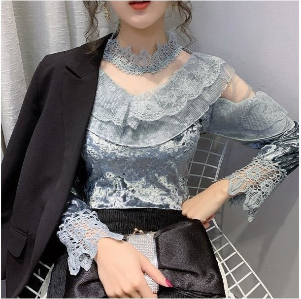 Elegant High Neck Lace Mesh Blouse - Y2K Fashion Top for Chic Aesthetic Outfits