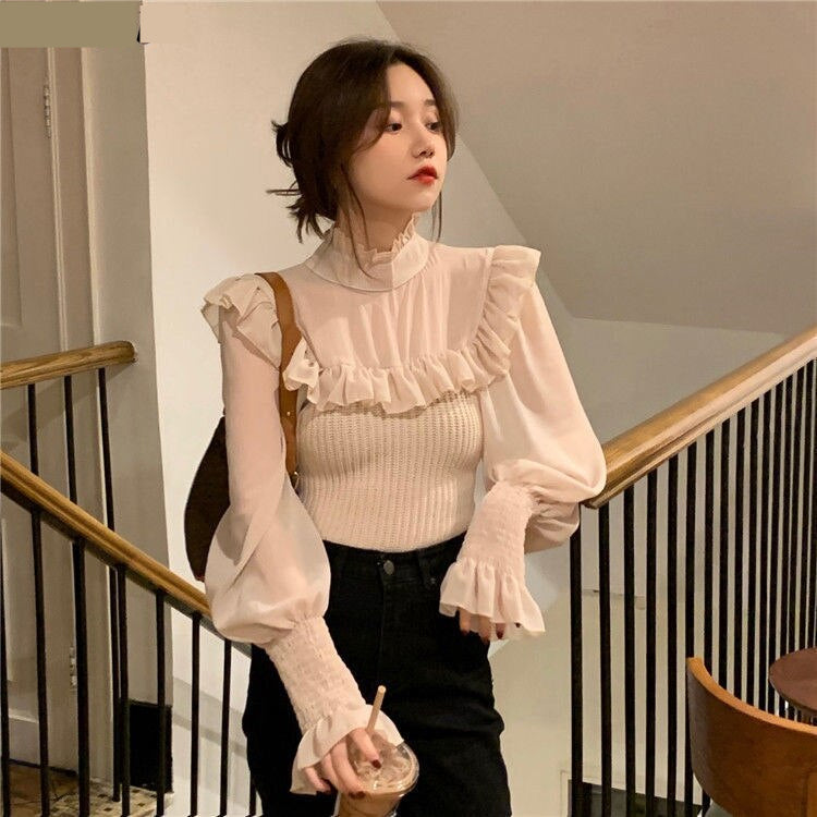 Elegant Long Sleeve Lace Stand Neck Blouse - Y2K Fashion Top for Chic Aesthetic Outfits