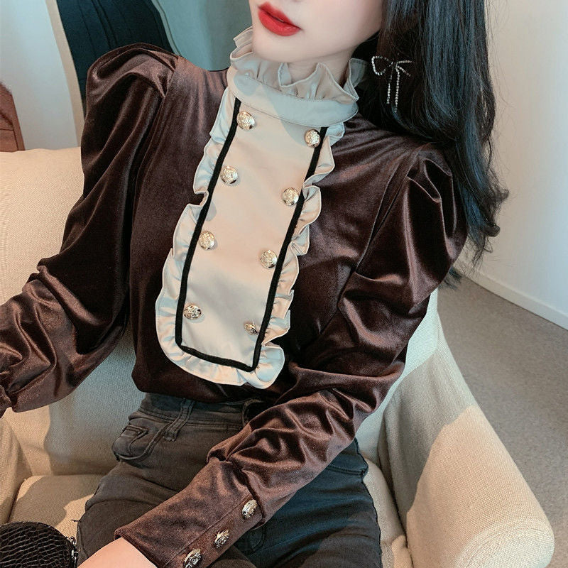 Elegant Velvet Blouse with Stand Collar - Chic Y2K Fashion Top for Stylish Outfits