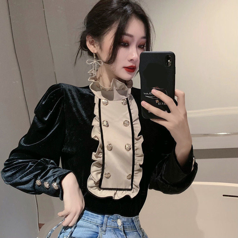 Elegant Velvet Blouse with Stand Collar - Chic Y2K Fashion Top for Stylish Outfits