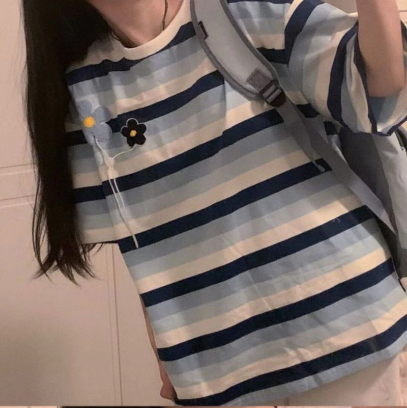 Embroidered Daisy Pocket Casual Striped Shirt - Y2K Aesthetic Loose Top for Effortless Style