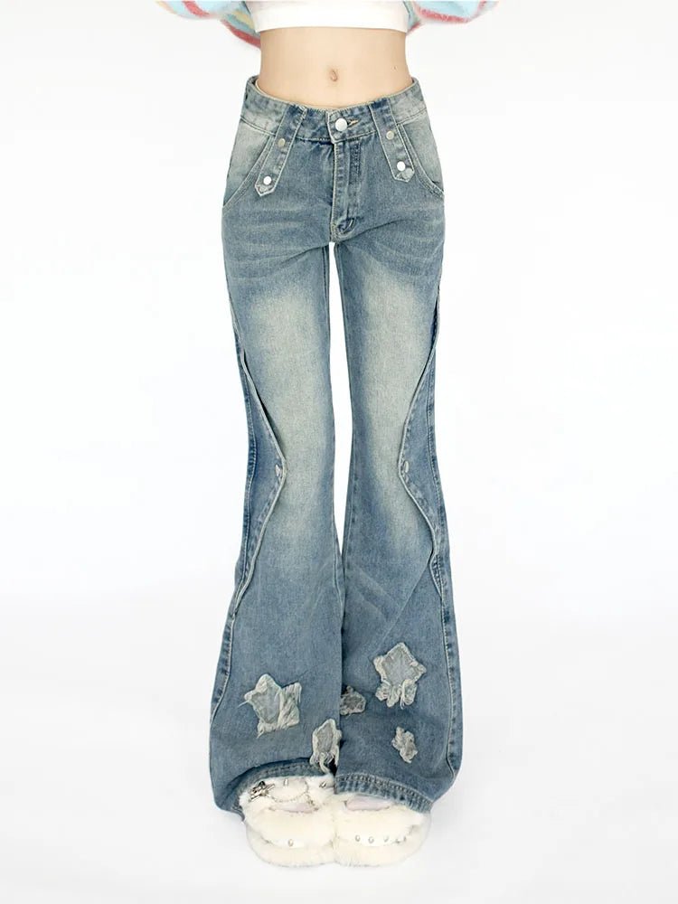 Embroidered Star Bell Bottom Jeans - Y2K Aesthetic Grunge Style Denim for Trendy Outfits