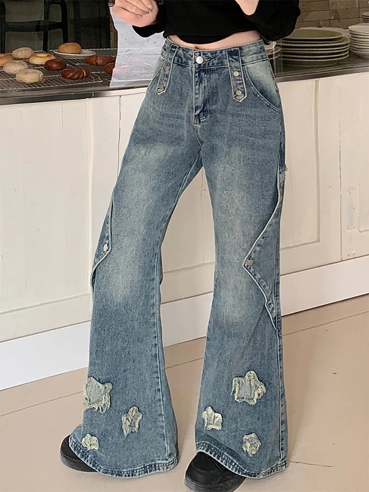 Embroidered Star Bell Bottom Jeans - Y2K Aesthetic Grunge Style Denim for Trendy Outfits