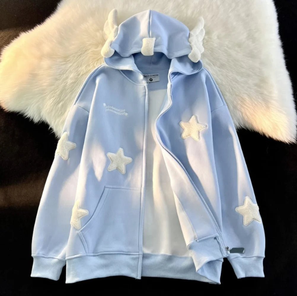 Embroidered Star Hoodie Coat - Y2K Aesthetic Comfy Layer for Trendy Outfits