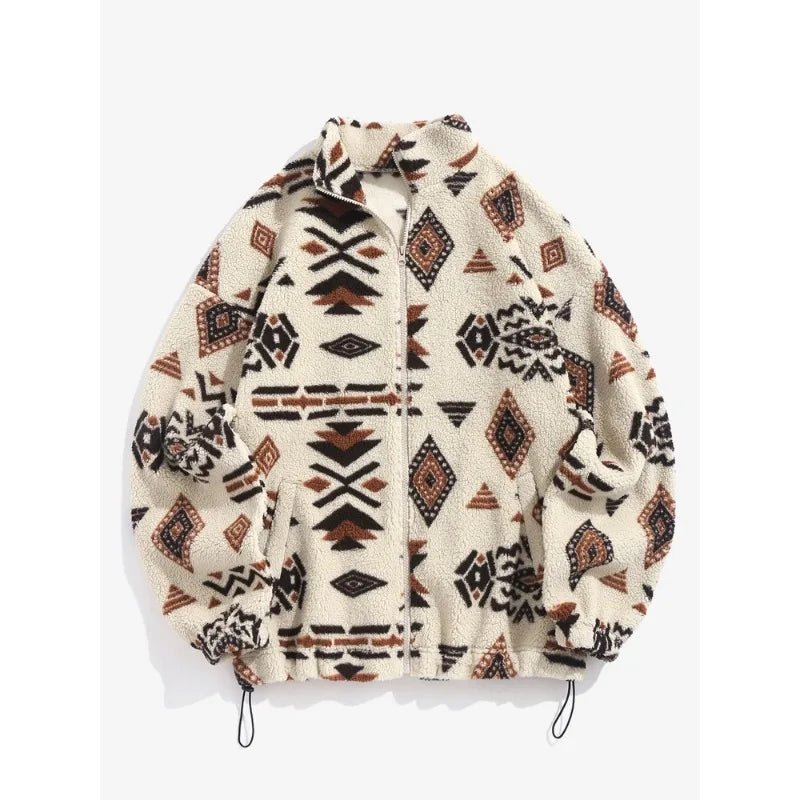 Ethnic Print Y2K Faux Fur Coat for Cozy Grunge Aesthetic Style and Chic Outfits