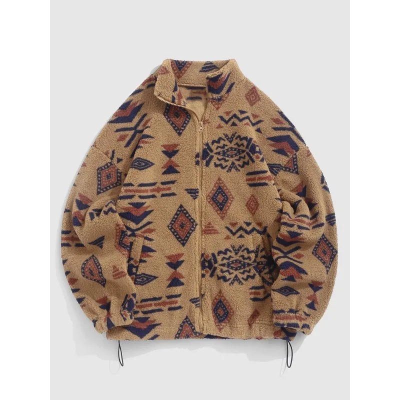 Ethnic Print Y2K Faux Fur Coat for Cozy Grunge Aesthetic Style and Chic Outfits