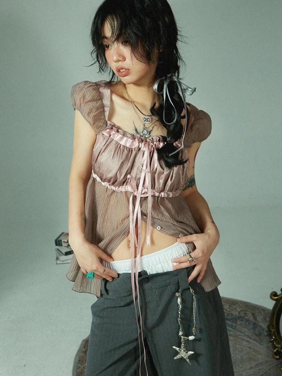 Fairy Grunge Aesthetic Sheer Ruched Top for Y2K Fashion Lovers