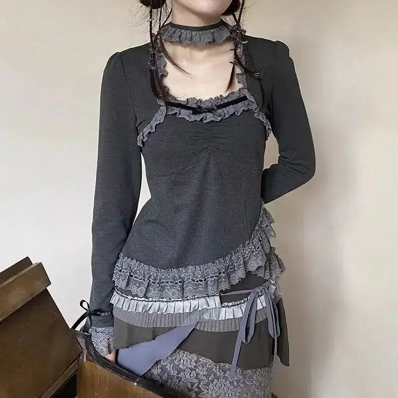 Fairy Grunge Asymmetric Lace Top - Y2K Aesthetic Cute Crop Top for Unique Style