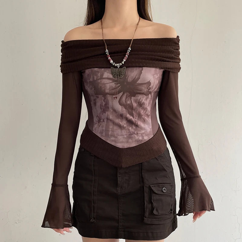 Fairycore Butterfly Ruched Off Shoulder Top - Y2K Aesthetic Cute Crop Top for Enchanting Outfits