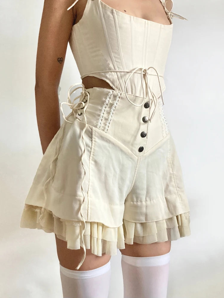 Fairycore Ruffled Lace-Up Shorts for a Whimsical Y2K Aesthetic Look