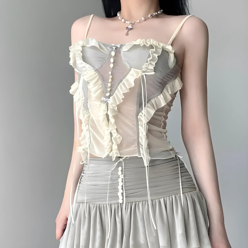 Fairycore Ruffled Mesh Corset Top - Y2K Aesthetic Cute Crop Top for Enchanting Outfits