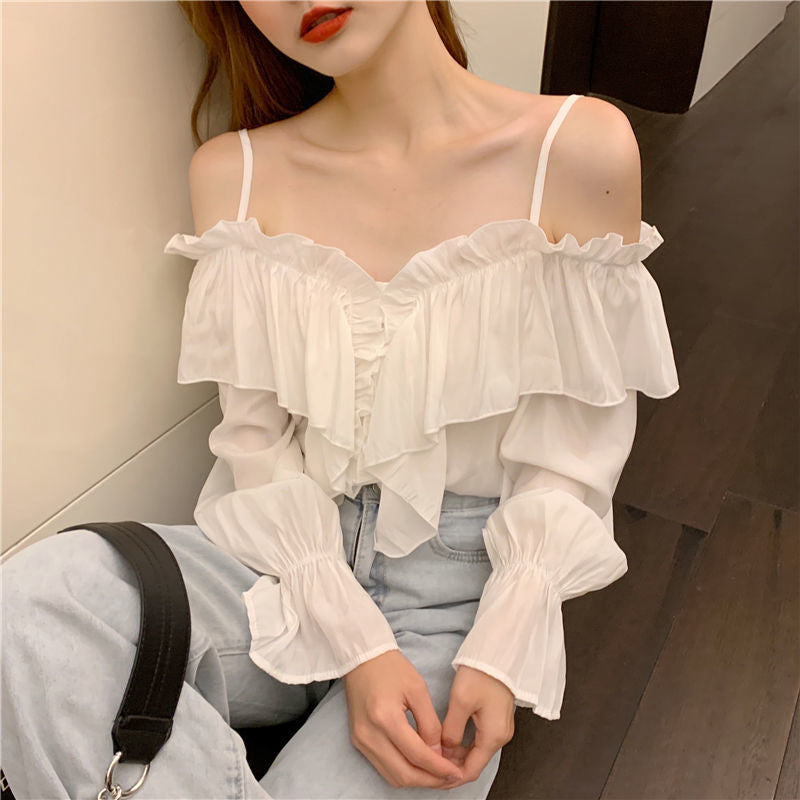 Flare Sleeve Ruffled Chiffon Blouse - Y2K Fashion Cute Top for Coquette Aesthetic Outfits