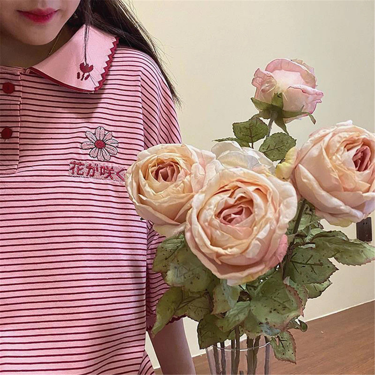 Floral Embroidered Striped Polo Shirt - Y2K Aesthetic Cute Top for Trendy Outfits