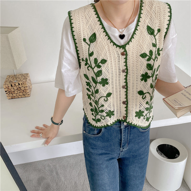 Floral Embroidered Y2K Aesthetic Knitted Vest Sweater for Chic Coquette Style