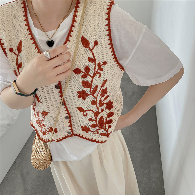 Floral Embroidered Y2K Aesthetic Knitted Vest Sweater for Chic Coquette Style