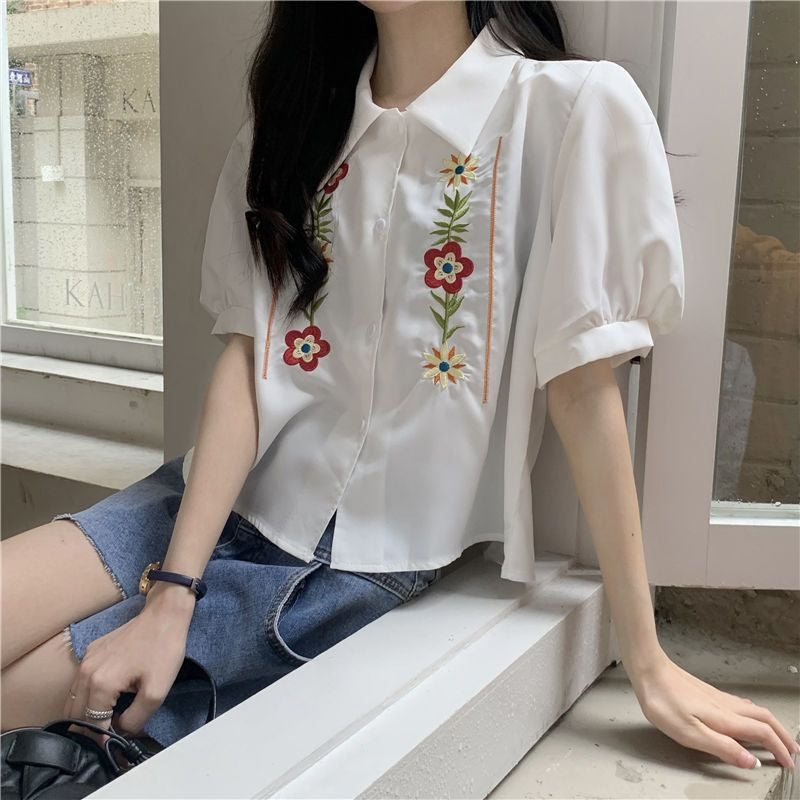 Floral Embroidery Short Sleeve Blouse - Y2K Aesthetic Cute Top for Stylish Outfits