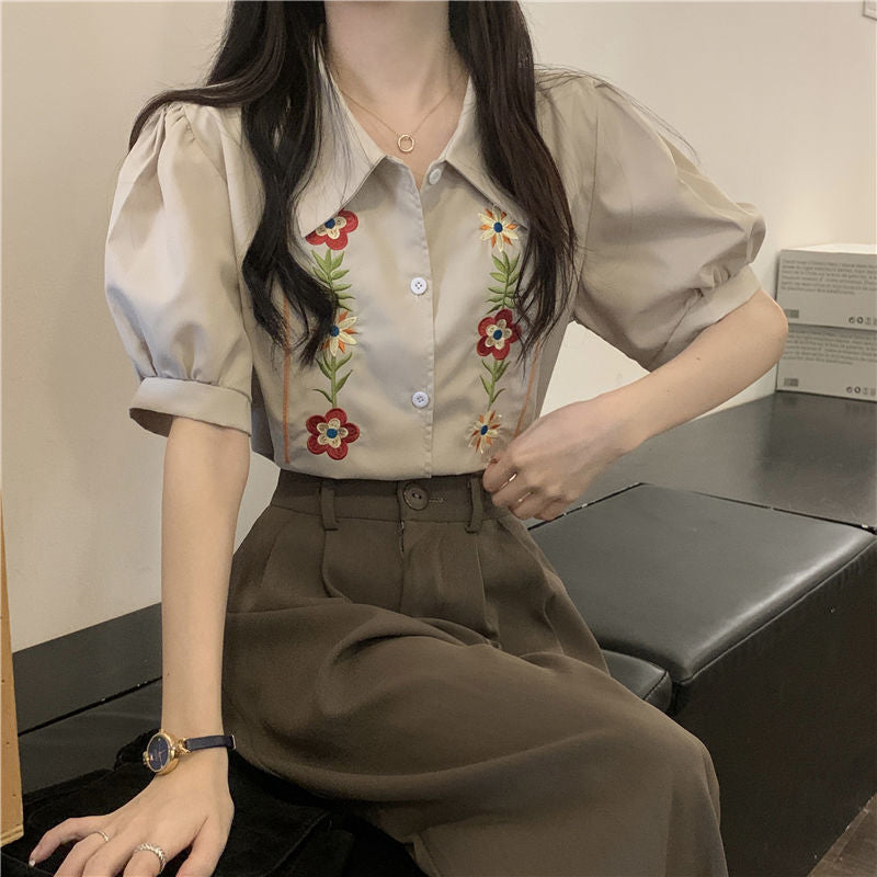 Floral Embroidery Short Sleeve Blouse - Y2K Aesthetic Cute Top for Stylish Outfits