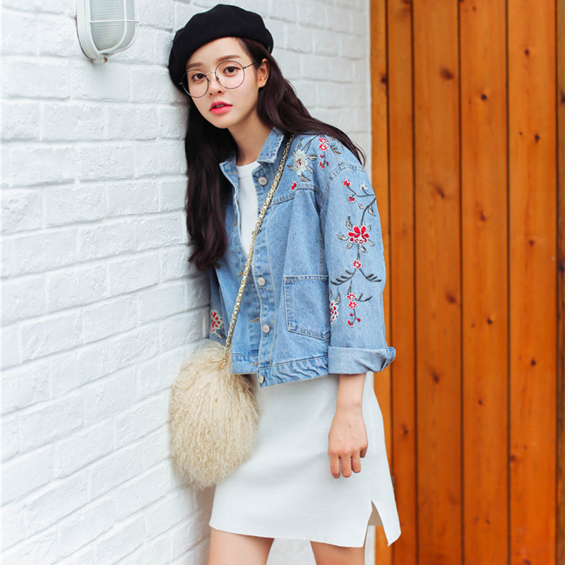 Floral Embroidery Y2K Denim Jacket for Coquette and Grunge Aesthetic Outfits