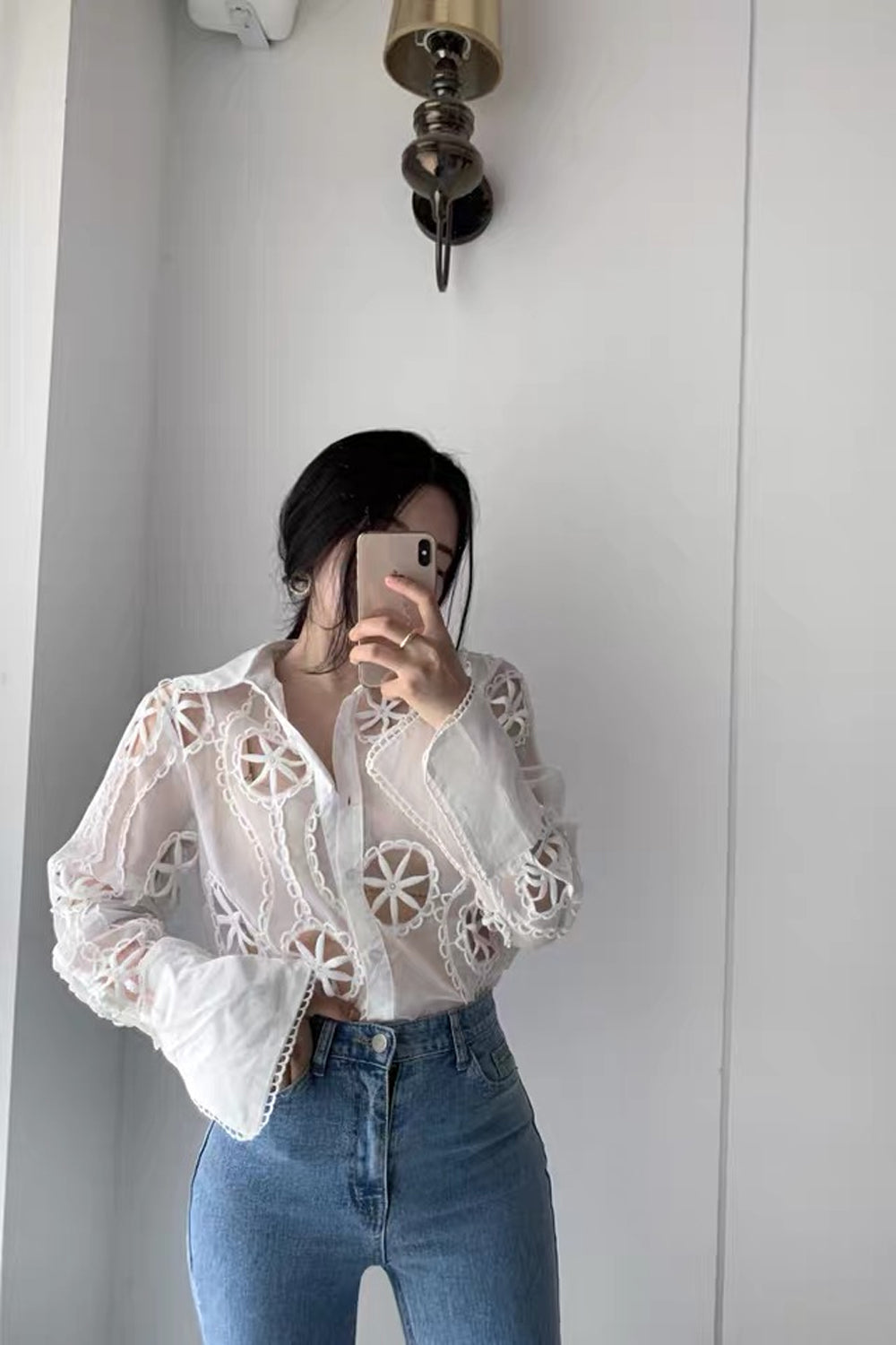 Floral Hollow Out Long Sleeve Blouse - Y2K Style Sexy Top for Aesthetic Outfits