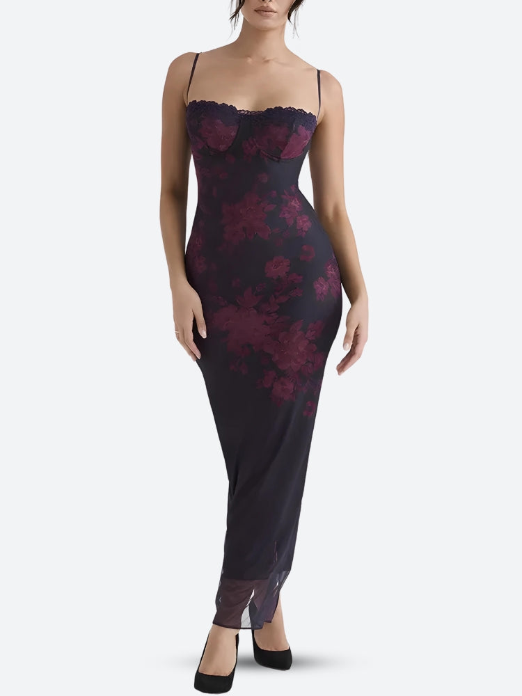 Floral Lace-Up Mesh Maxi Dress - Y2K Aesthetic Bodycon Style for Trendy Outfits