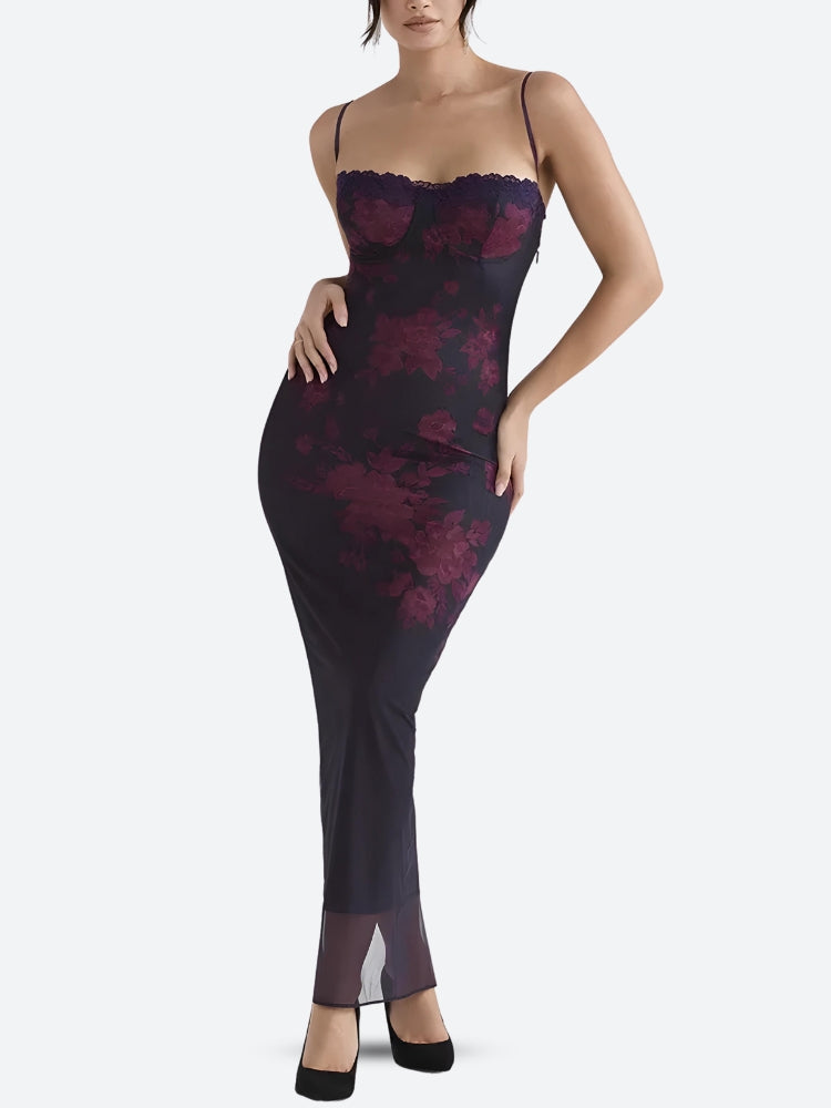 Floral Lace-Up Mesh Maxi Dress - Y2K Aesthetic Bodycon Style for Trendy Outfits