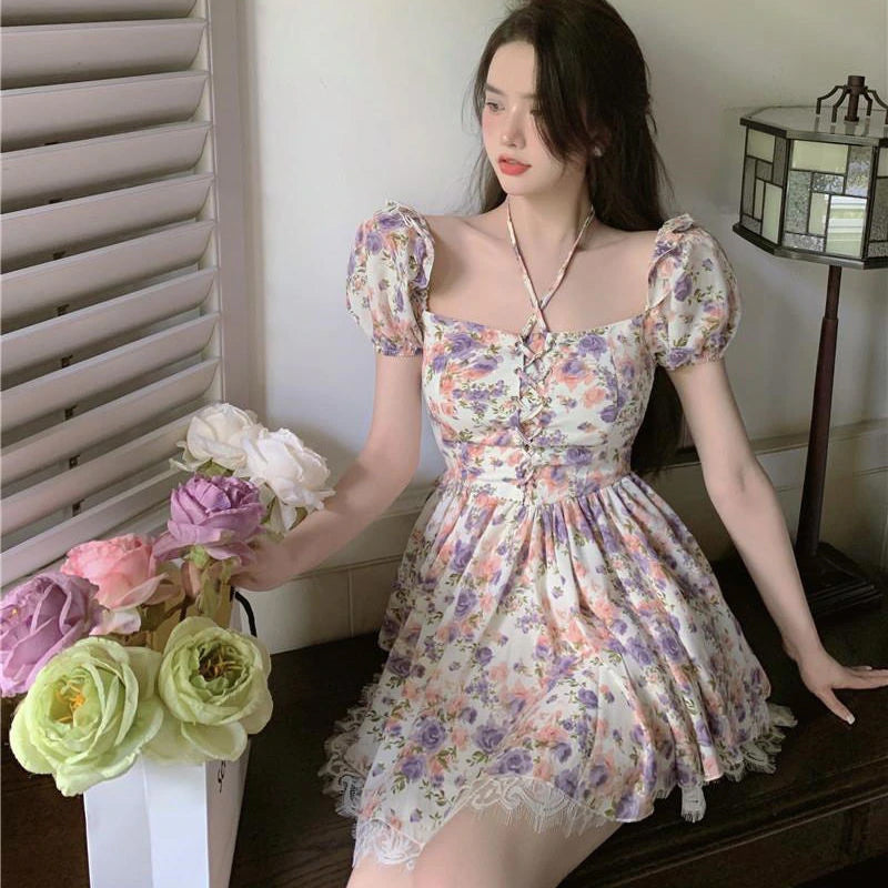 Floral Print Chiffon Bodycon Dress - Y2K Aesthetic Cute Dress for Stylish Outfits