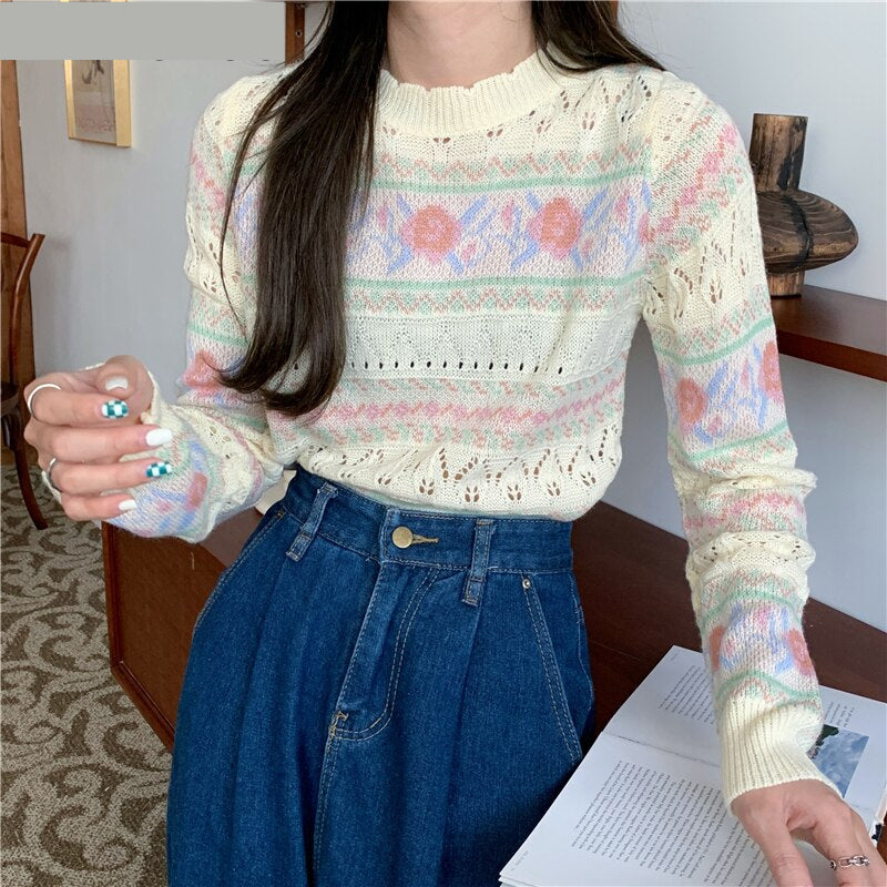 Floral Print Hollow O-Neck Sweater - Y2K Aesthetic Cute Top for Cozy Outfits