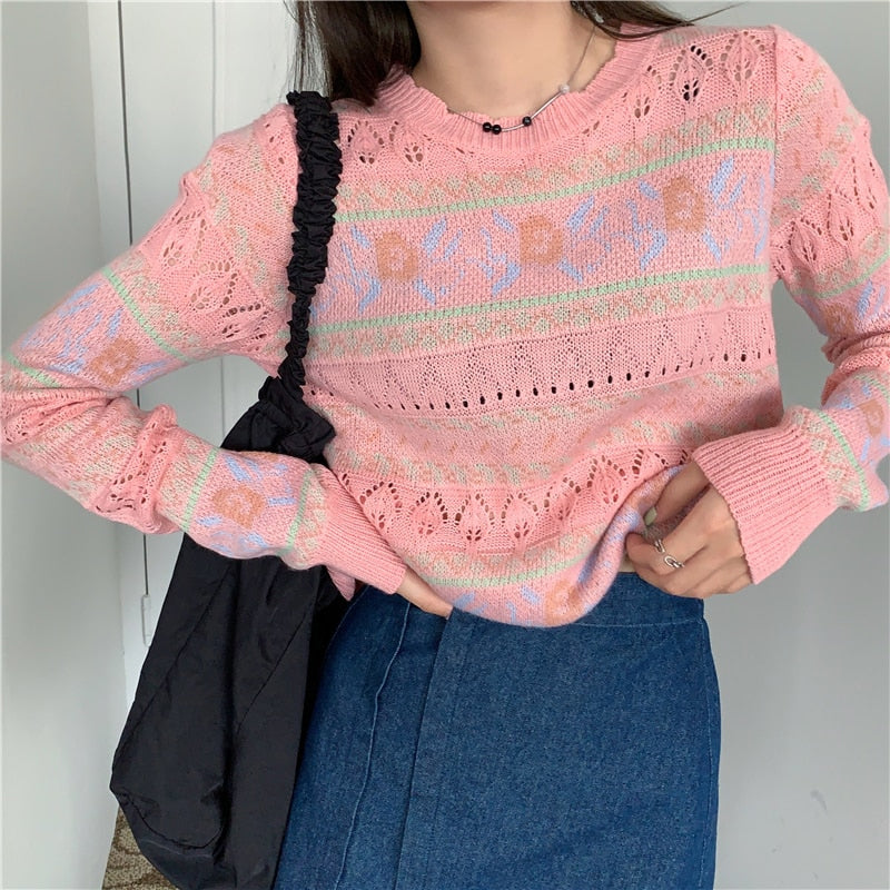 Floral Print Hollow O-Neck Sweater - Y2K Aesthetic Cute Top for Cozy Outfits