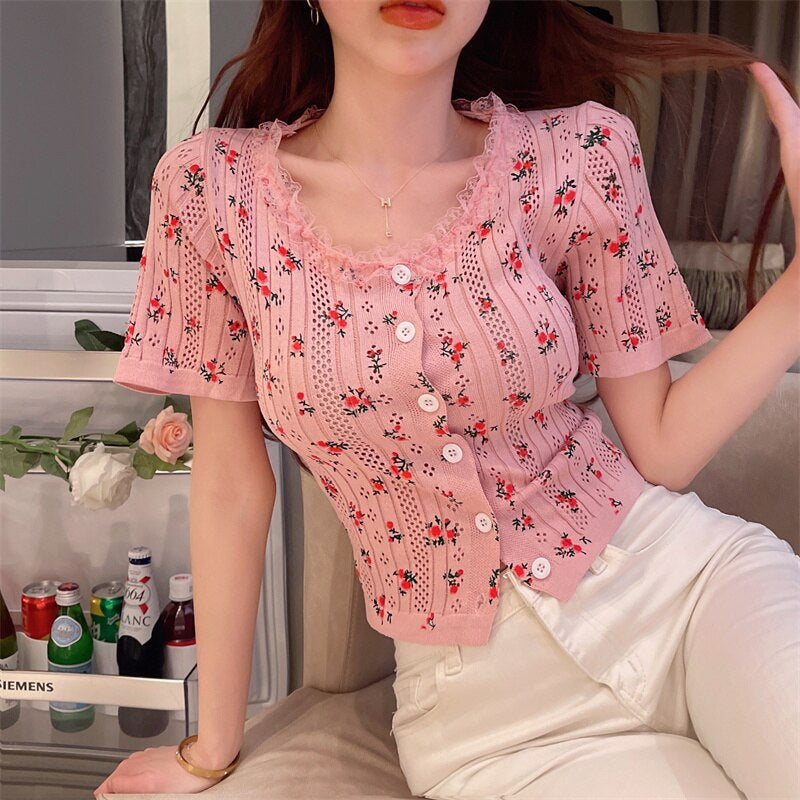 Floral Print Y2K Aesthetic Casual Knitted Slim Fit Top for Trendy Outfits