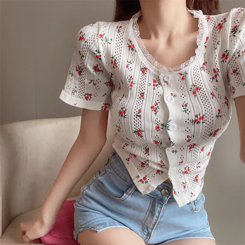 Floral Print Y2K Aesthetic Casual Knitted Slim Fit Top for Trendy Outfits