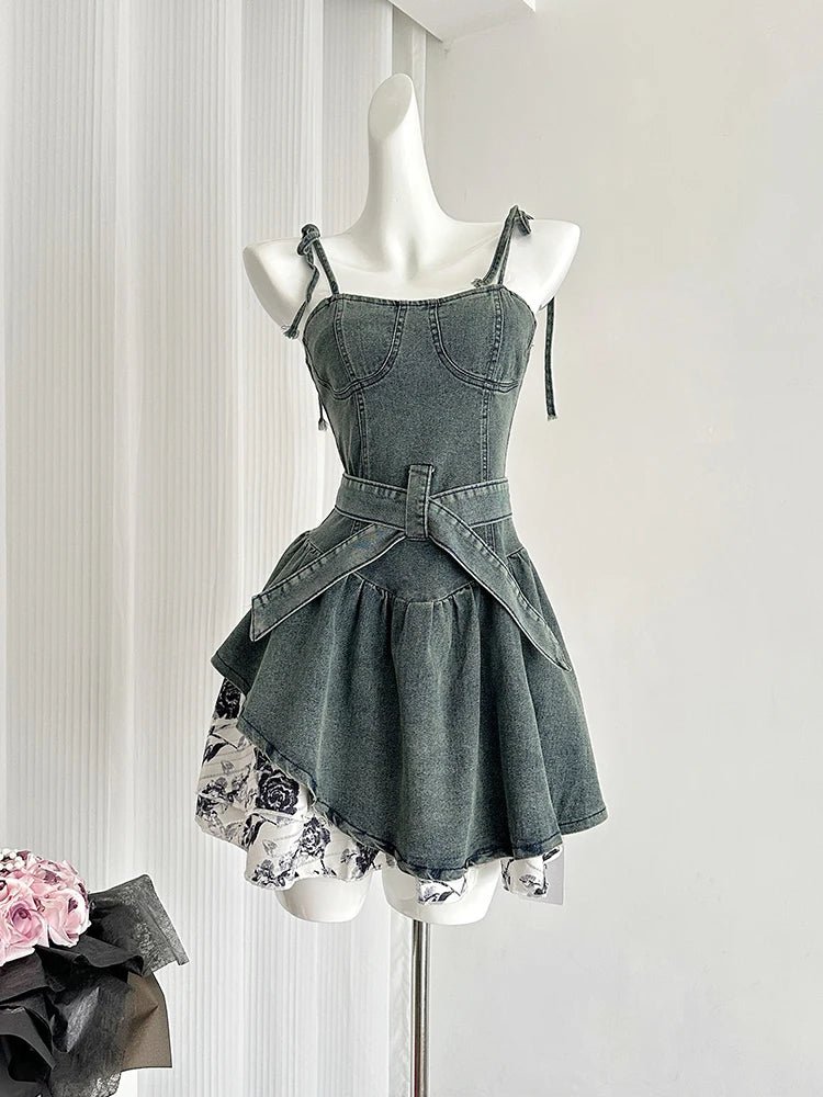 Floral Y2K Denim Flare Dress - Vintage Aesthetic with Retro Style for Trendy Outfits