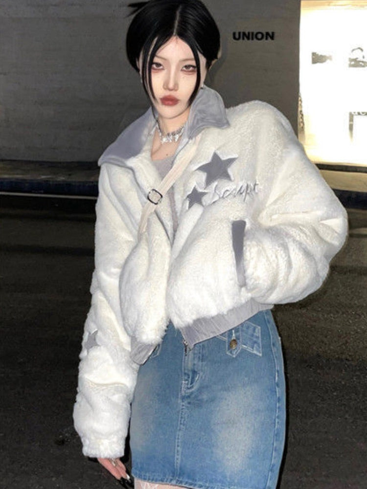 Fluffy Harajuku Cropped Y2K Jacket for Cozy Aesthetic Outfits and Street Style