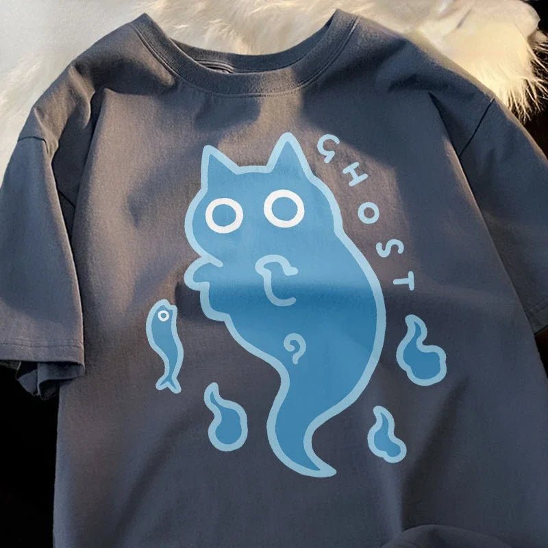 Ghost Cat Y2K Aesthetic Cotton T-Shirt - Cute Grunge Style for Trendy Outfits