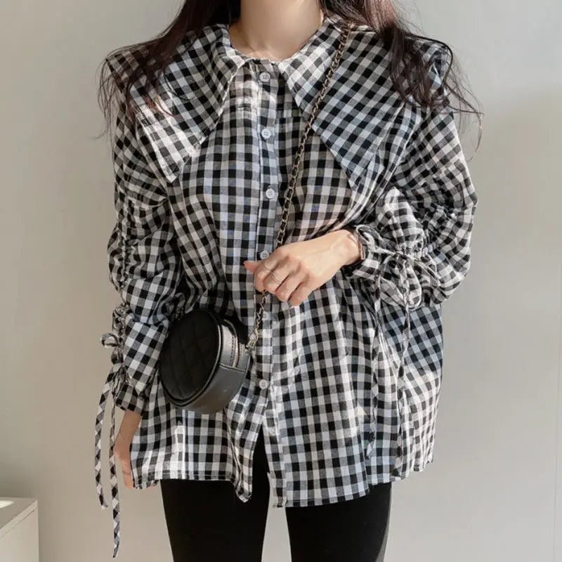 Gingham Charm Y2K Aesthetic Button-Up Blouse for Cute Coquette Style Outfits