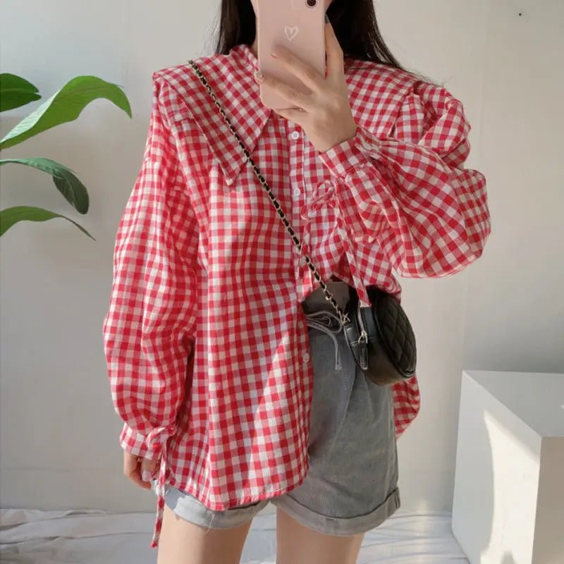 Gingham Charm Y2K Aesthetic Button-Up Blouse for Cute Coquette Style Outfits