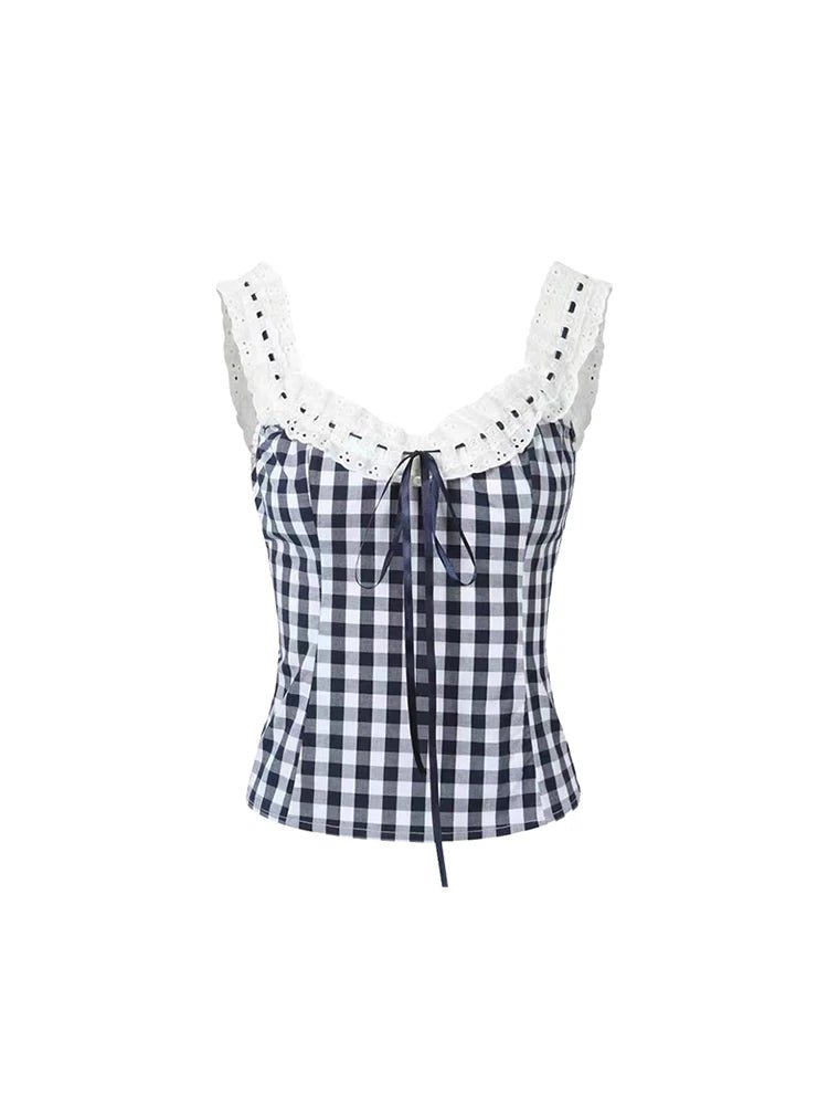 Gingham Ruffle Top with Lace-Up Detail - Y2K Fashion Cute Aesthetic Top