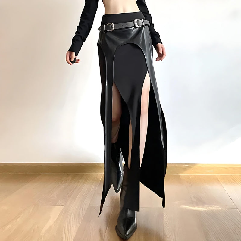 Goth Double Slit Maxi Skirt - Y2K Grunge Style with Edgy Aesthetic Appeal