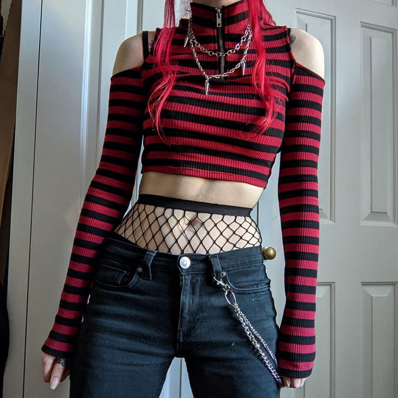 Goth Grunge Striped Crop Top - Y2K Aesthetic Cute Top for Edgy Fashion Lovers