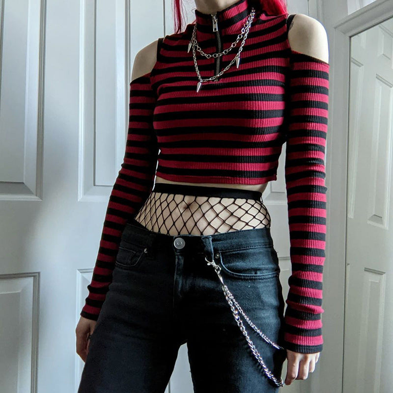 Goth Grunge Striped Crop Top - Y2K Aesthetic Cute Top for Edgy Fashion Lovers